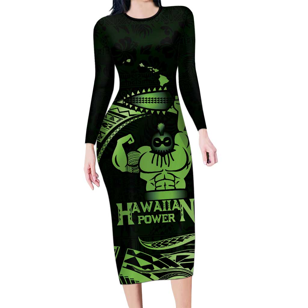 Green Hawaii Ikaika Warrior Long Sleeve Bodycon Dress Hawaiian Power LT14 Long Dress Green - Polynesian Pride