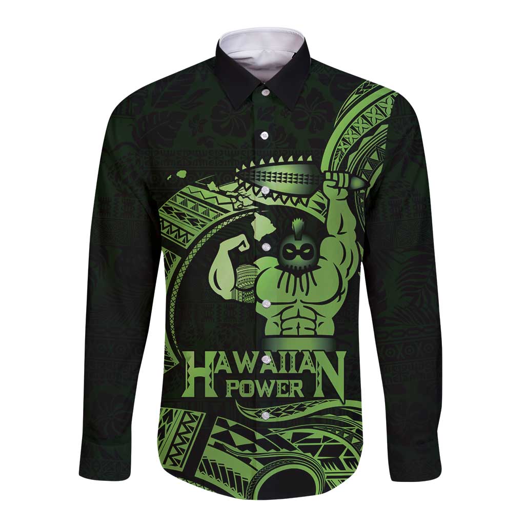 Green Hawaii Ikaika Warrior Long Sleeve Button Shirt Hawaiian Power LT14 Unisex Green - Polynesian Pride