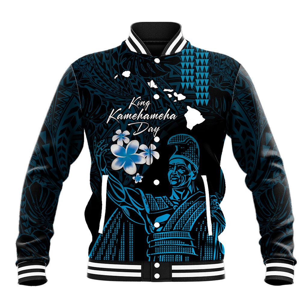 Personalised Hawaii King Kamehameha Day Baseball Jacket Plumeria With Kakau Pattern - Blue LT14 Unisex Blue - Polynesian Pride