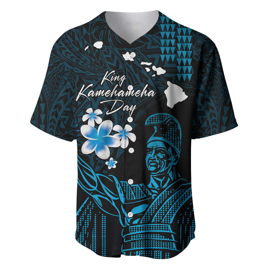 Personalised Hawaii King Kamehameha Day Baseball Jersey Plumeria With Kakau Pattern - Blue LT14 Blue - Polynesian Pride