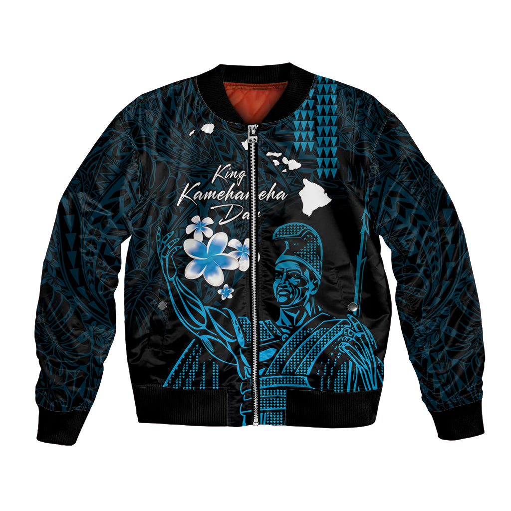 Personalised Hawaii King Kamehameha Day Bomber Jacket Plumeria With Kakau Pattern - Blue LT14 Unisex Blue - Polynesian Pride