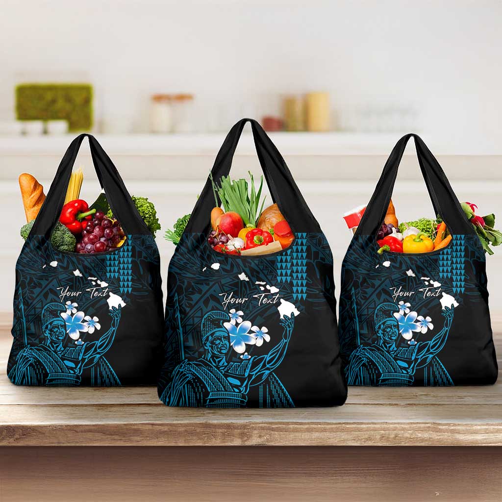 Personalised Hawaii King Kamehameha Day Grocery Bag Plumeria With Kakau Pattern - Blue LT14 3-pack One Size Blue - Polynesian Pride