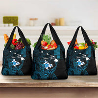 Personalised Hawaii King Kamehameha Day Grocery Bag Plumeria With Kakau Pattern - Blue LT14 3-pack One Size Blue - Polynesian Pride