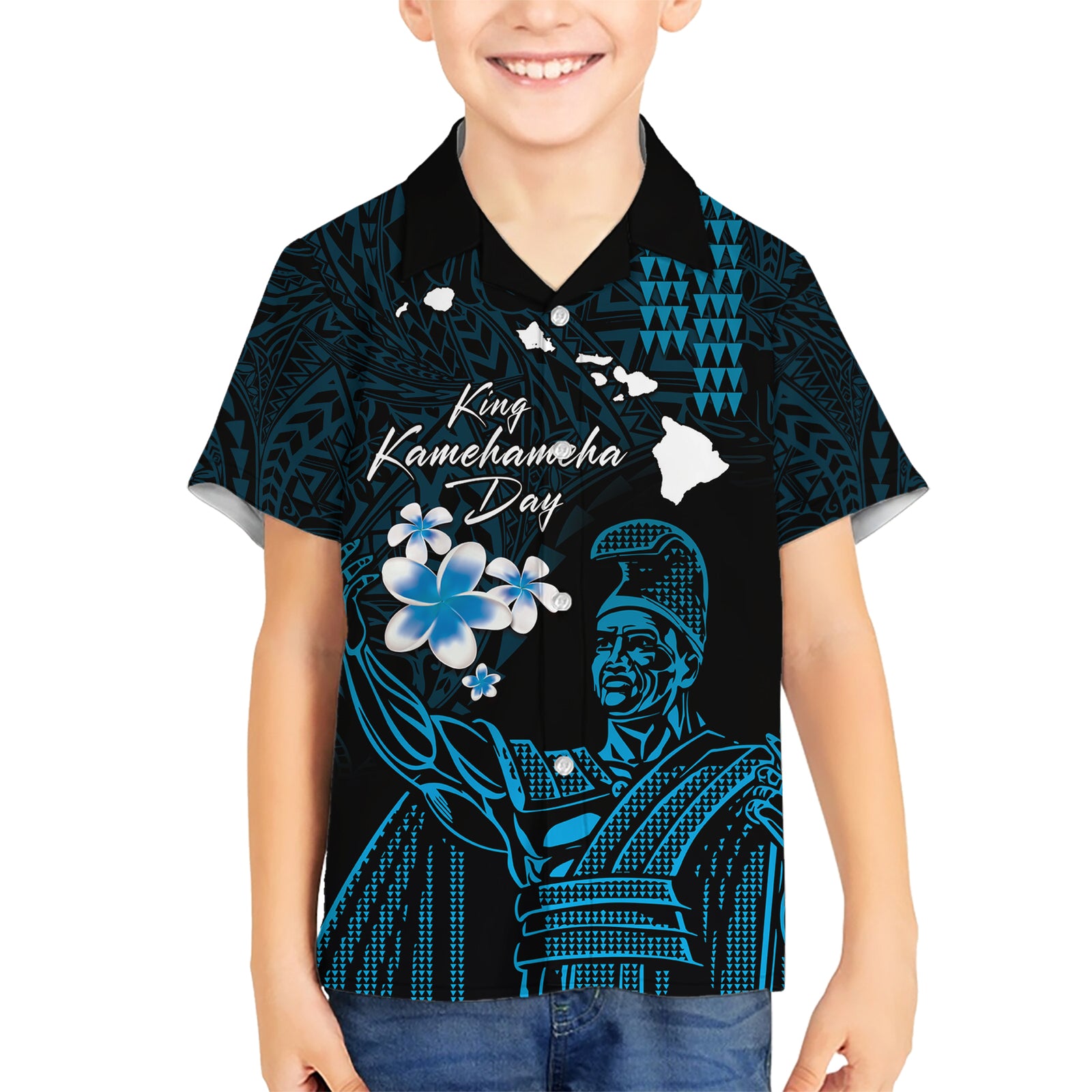 Personalised Hawaii King Kamehameha Day Kid Hawaiian Shirt Plumeria With Kakau Pattern - Blue LT14 Kid Blue - Polynesian Pride