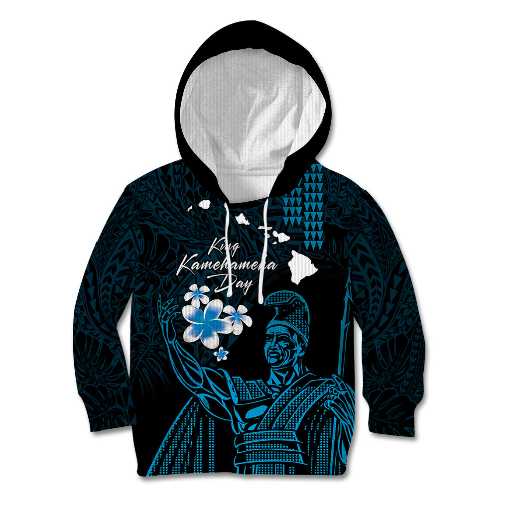 Personalised Hawaii King Kamehameha Day Kid Hoodie Plumeria With Kakau Pattern - Blue LT14 Hoodie Blue - Polynesian Pride