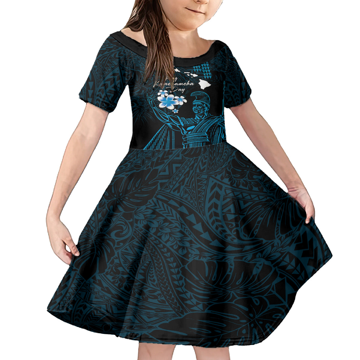 Personalised Hawaii King Kamehameha Day Kid Short Sleeve Dress Plumeria With Kakau Pattern - Blue LT14 KID Blue - Polynesian Pride