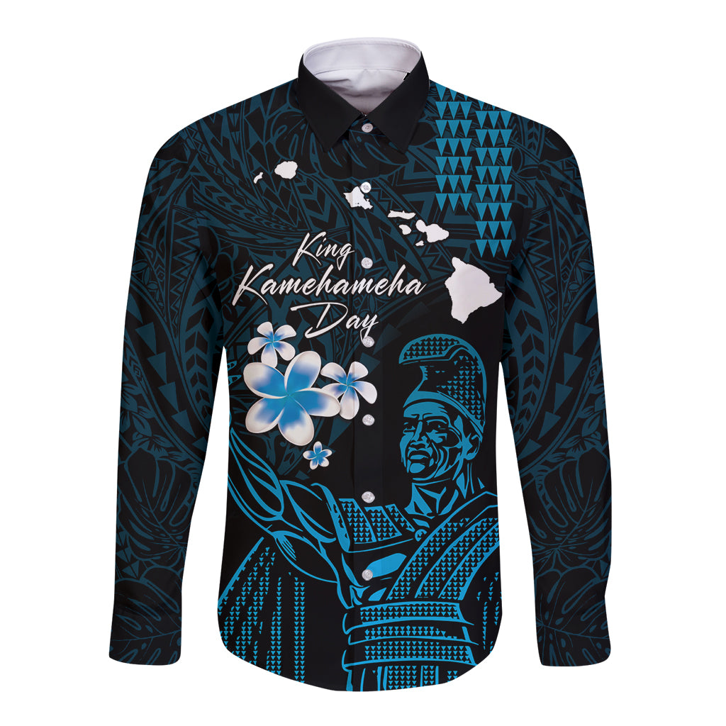 Personalised Hawaii King Kamehameha Day Long Sleeve Button Shirt Plumeria With Kakau Pattern - Blue LT14 Unisex Blue - Polynesian Pride