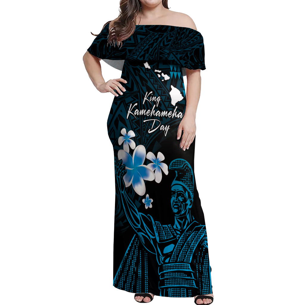 Personalised Hawaii King Kamehameha Day Off Shoulder Maxi Dress Plumeria With Kakau Pattern - Blue LT14 Women Blue - Polynesian Pride