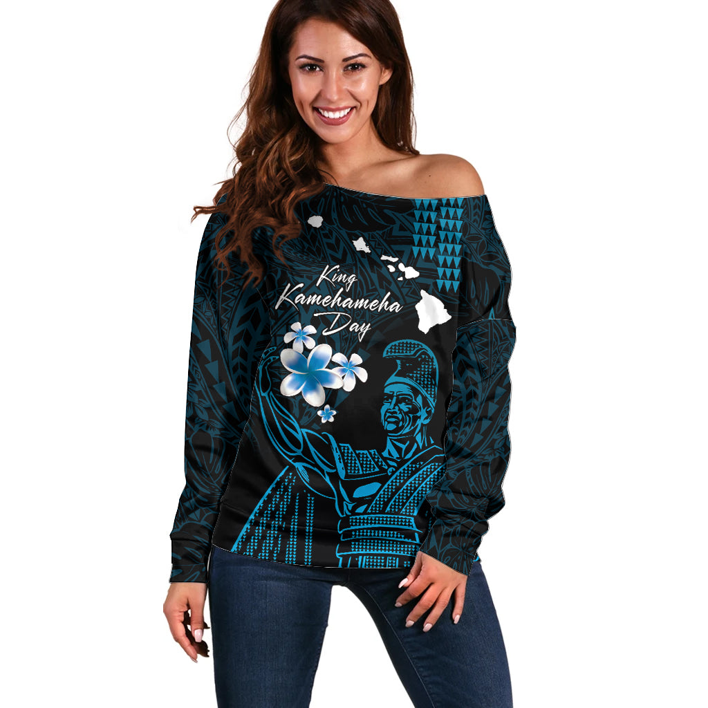Personalised Hawaii King Kamehameha Day Off Shoulder Sweater Plumeria With Kakau Pattern - Blue LT14 Women Blue - Polynesian Pride