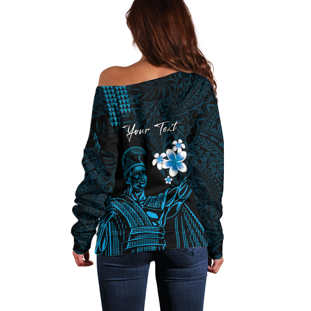 Personalised Hawaii King Kamehameha Day Off Shoulder Sweater Plumeria With Kakau Pattern - Blue LT14 - Polynesian Pride