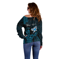 Personalised Hawaii King Kamehameha Day Off Shoulder Sweater Plumeria With Kakau Pattern - Blue LT14 - Polynesian Pride