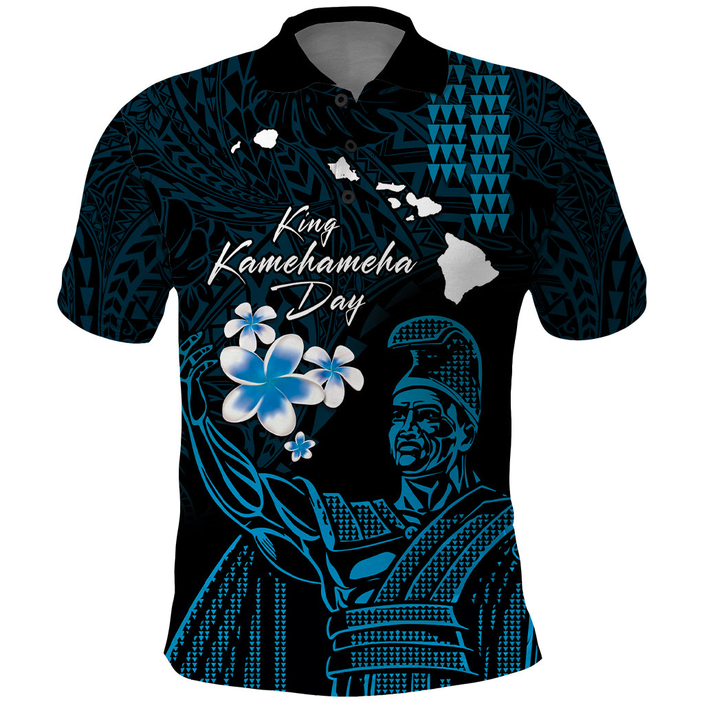 Personalised Hawaii King Kamehameha Day Polo Shirt Plumeria With Kakau Pattern - Blue LT14 Blue - Polynesian Pride