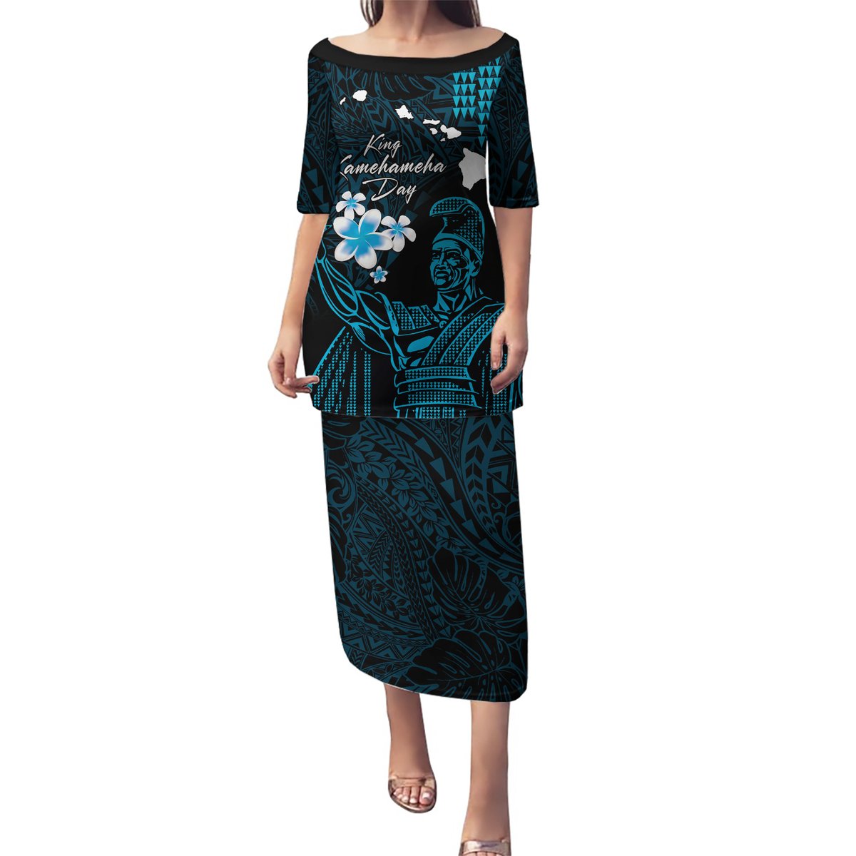 Personalised Hawaii King Kamehameha Day Puletasi Plumeria With Kakau Pattern - Blue LT14 Long Dress Blue - Polynesian Pride