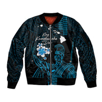 Personalised Hawaii King Kamehameha Day Sleeve Zip Bomber Jacket Plumeria With Kakau Pattern - Blue LT14 Unisex Blue - Polynesian Pride