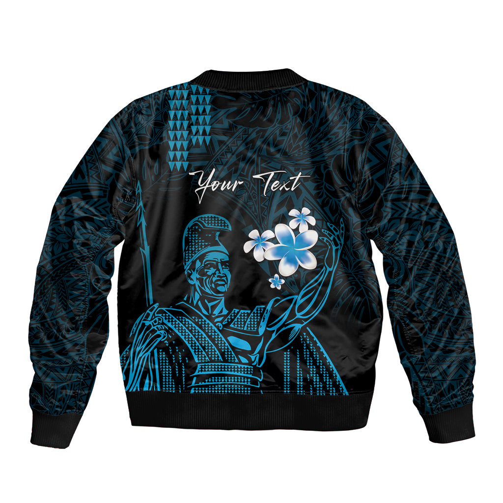 Personalised Hawaii King Kamehameha Day Sleeve Zip Bomber Jacket Plumeria With Kakau Pattern - Blue LT14 - Polynesian Pride