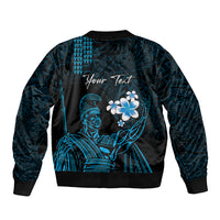 Personalised Hawaii King Kamehameha Day Sleeve Zip Bomber Jacket Plumeria With Kakau Pattern - Blue LT14 - Polynesian Pride