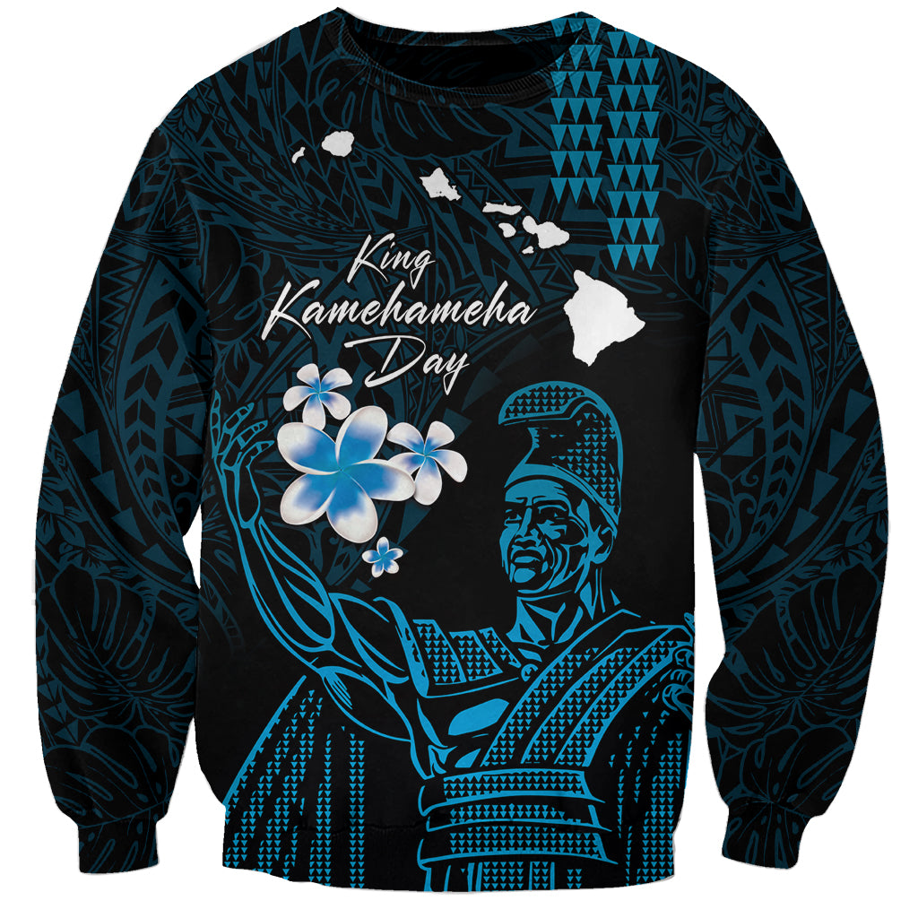 Personalised Hawaii King Kamehameha Day Sweatshirt Plumeria With Kakau Pattern - Blue LT14 Unisex Blue - Polynesian Pride