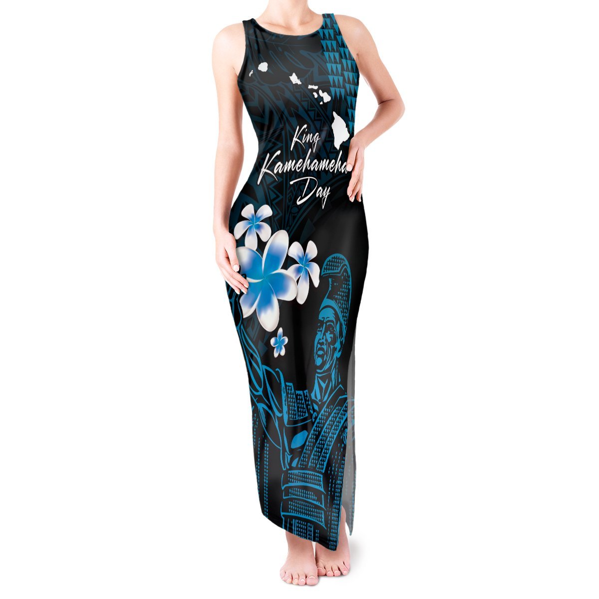 Personalised Hawaii King Kamehameha Day Tank Maxi Dress Plumeria With Kakau Pattern - Blue LT14 Women Blue - Polynesian Pride