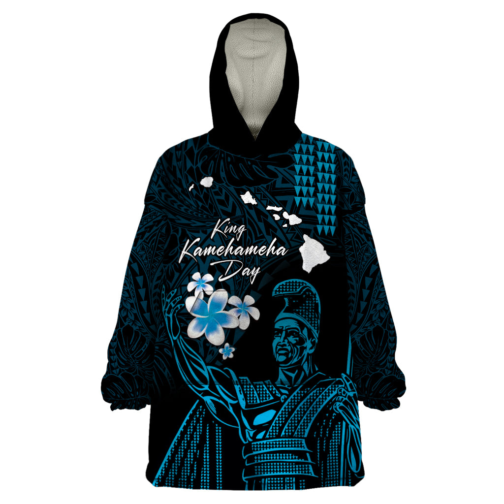 Personalised Hawaii King Kamehameha Day Wearable Blanket Hoodie Plumeria With Kakau Pattern - Blue LT14 One Size Blue - Polynesian Pride
