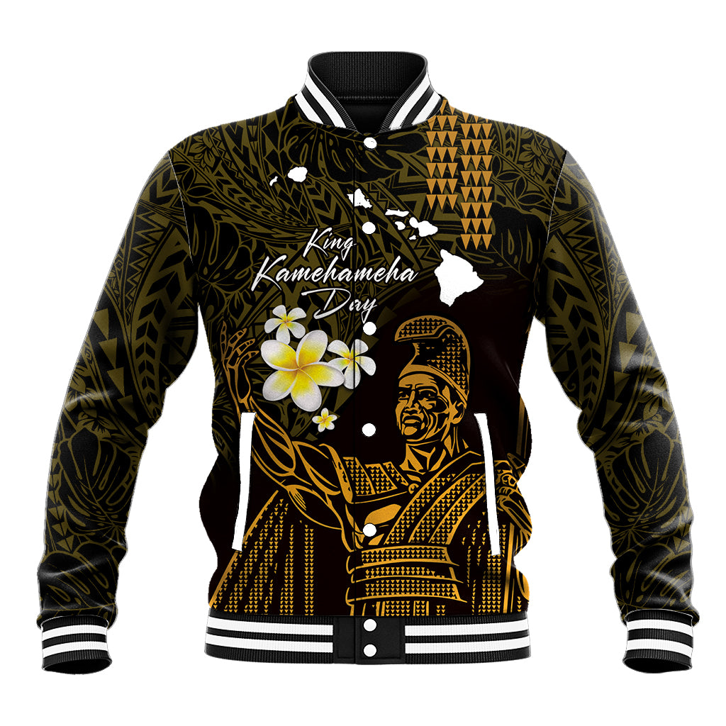 Personalised Hawaii King Kamehameha Day Baseball Jacket Plumeria With Kakau Pattern - Gold LT14 Unisex Gold - Polynesian Pride