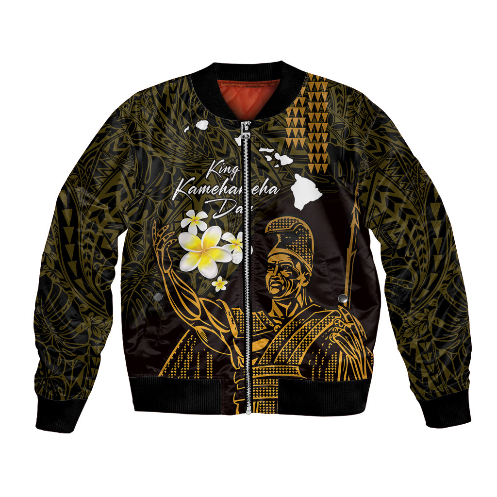 Personalised Hawaii King Kamehameha Day Bomber Jacket Plumeria With Kakau Pattern - Gold LT14 Unisex Gold - Polynesian Pride