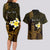 Personalised Hawaii King Kamehameha Day Couples Matching Long Sleeve Bodycon Dress and Hawaiian Shirt Plumeria With Kakau Pattern - Gold