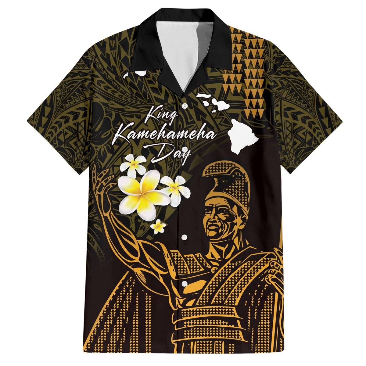 Personalised Hawaii King Kamehameha Day Hawaiian Shirt Plumeria With Kakau Pattern - Gold LT14 Gold - Polynesian Pride