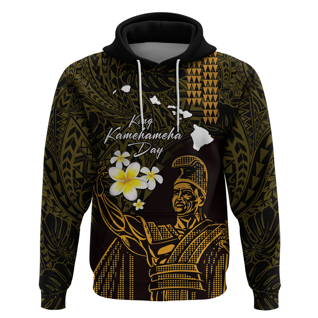 Personalised Hawaii King Kamehameha Day Hoodie Plumeria With Kakau Pattern - Gold LT14 Pullover Hoodie Gold - Polynesian Pride