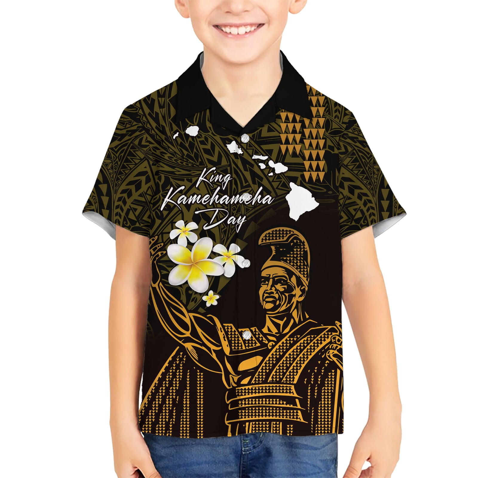 Personalised Hawaii King Kamehameha Day Kid Hawaiian Shirt Plumeria With Kakau Pattern - Gold LT14 Kid Gold - Polynesian Pride