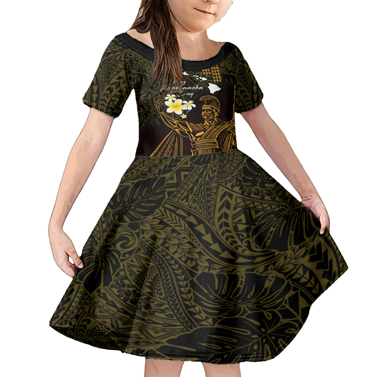 Personalised Hawaii King Kamehameha Day Kid Short Sleeve Dress Plumeria With Kakau Pattern - Gold LT14 KID Gold - Polynesian Pride