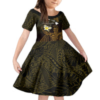 Personalised Hawaii King Kamehameha Day Kid Short Sleeve Dress Plumeria With Kakau Pattern - Gold LT14 KID Gold - Polynesian Pride