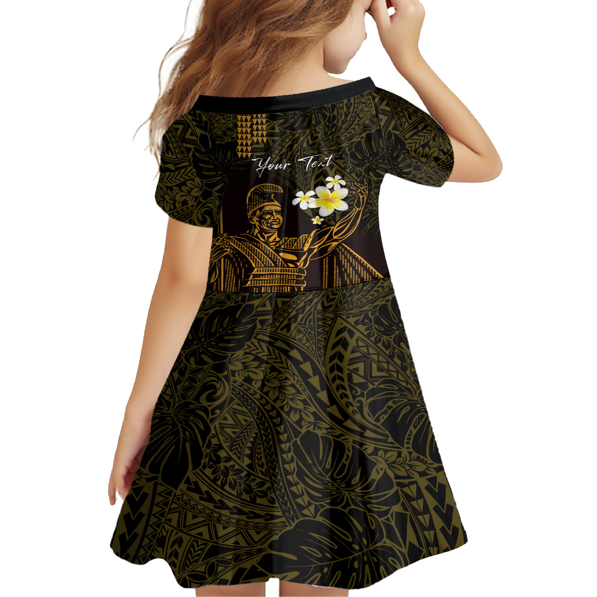Personalised Hawaii King Kamehameha Day Kid Short Sleeve Dress Plumeria With Kakau Pattern - Gold LT14 - Polynesian Pride