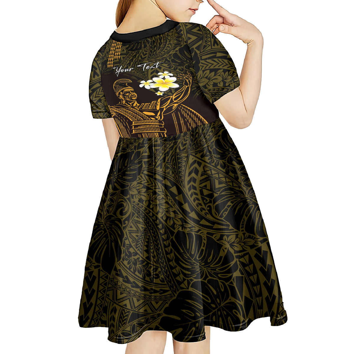 Personalised Hawaii King Kamehameha Day Kid Short Sleeve Dress Plumeria With Kakau Pattern - Gold LT14 - Polynesian Pride