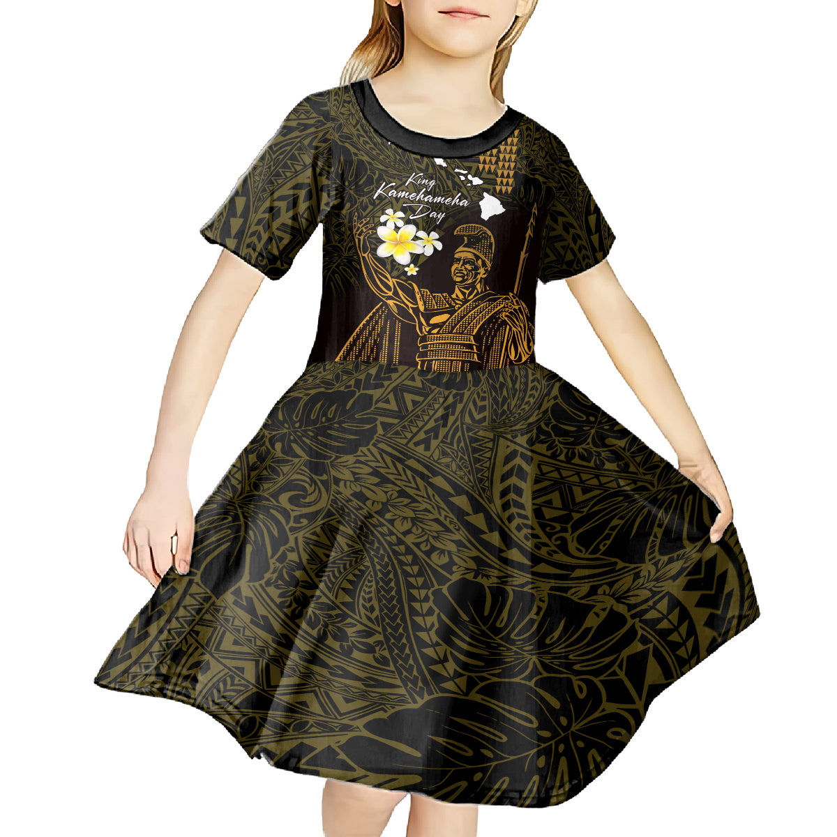 Personalised Hawaii King Kamehameha Day Kid Short Sleeve Dress Plumeria With Kakau Pattern - Gold LT14 - Polynesian Pride