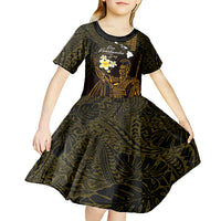 Personalised Hawaii King Kamehameha Day Kid Short Sleeve Dress Plumeria With Kakau Pattern - Gold LT14 - Polynesian Pride