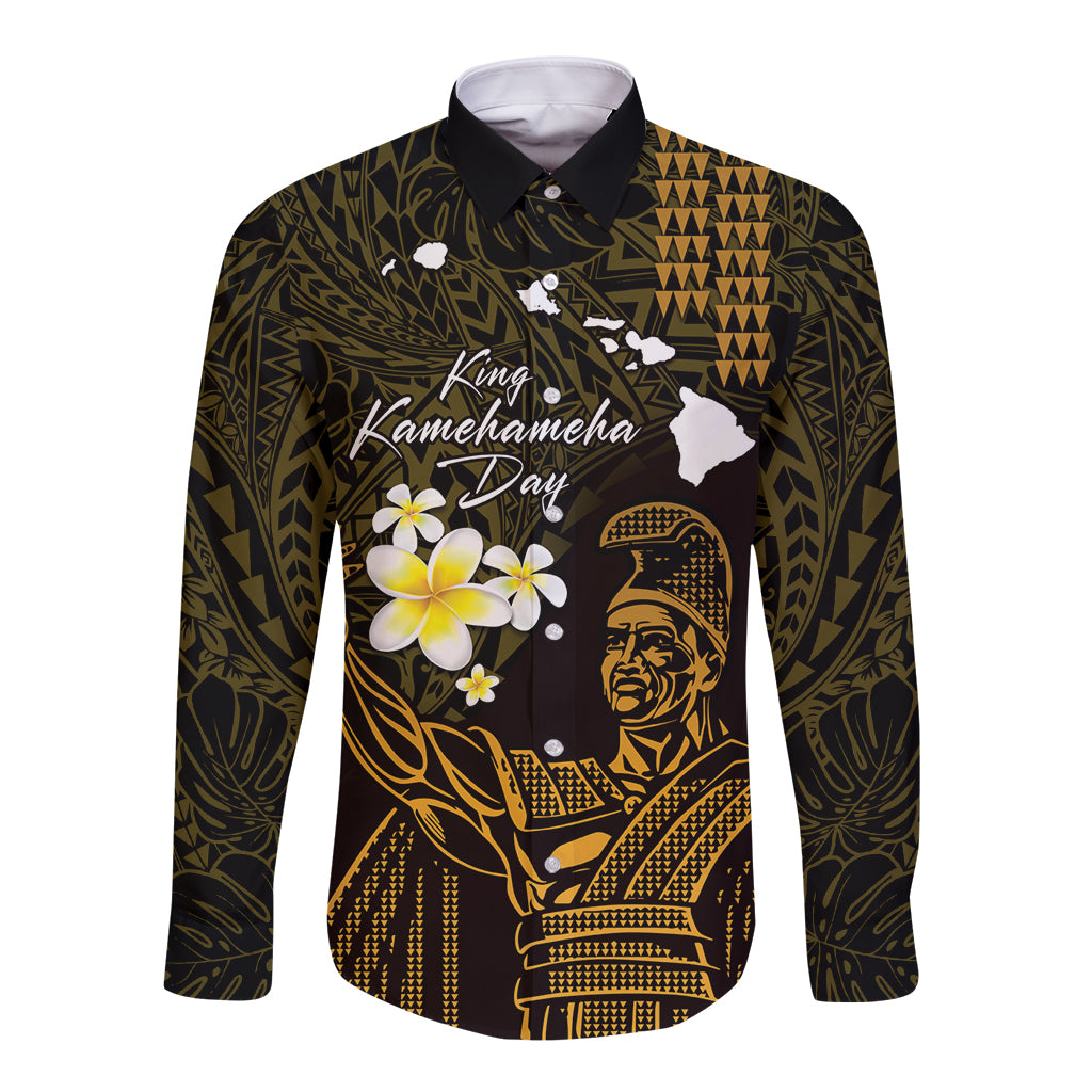 Personalised Hawaii King Kamehameha Day Long Sleeve Button Shirt Plumeria With Kakau Pattern - Gold LT14 Unisex Gold - Polynesian Pride