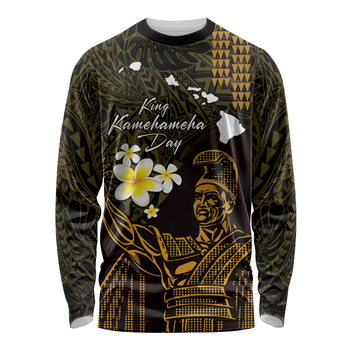Personalised Hawaii King Kamehameha Day Long Sleeve Shirt Plumeria With Kakau Pattern - Gold LT14 Unisex Gold - Polynesian Pride