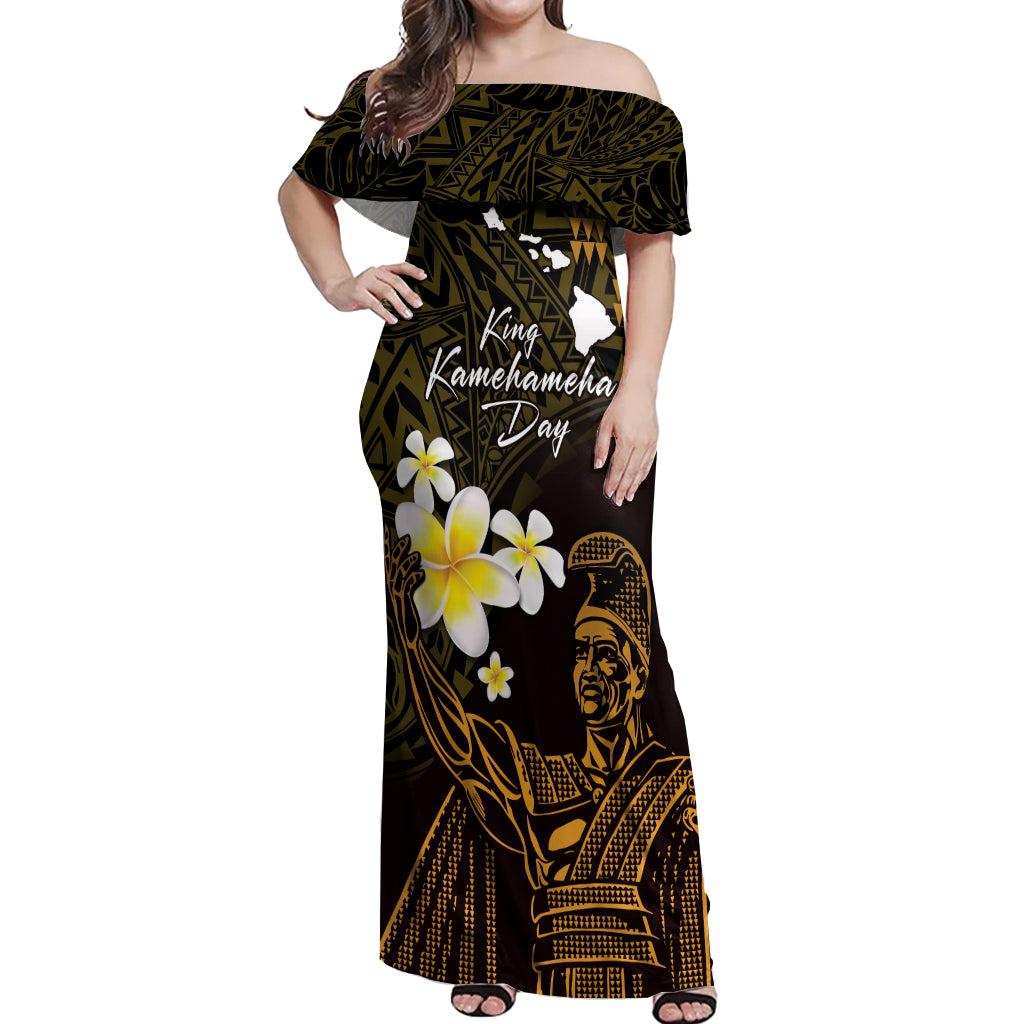 Personalised Hawaii King Kamehameha Day Off Shoulder Maxi Dress Plumeria With Kakau Pattern - Gold LT14 Women Gold - Polynesian Pride