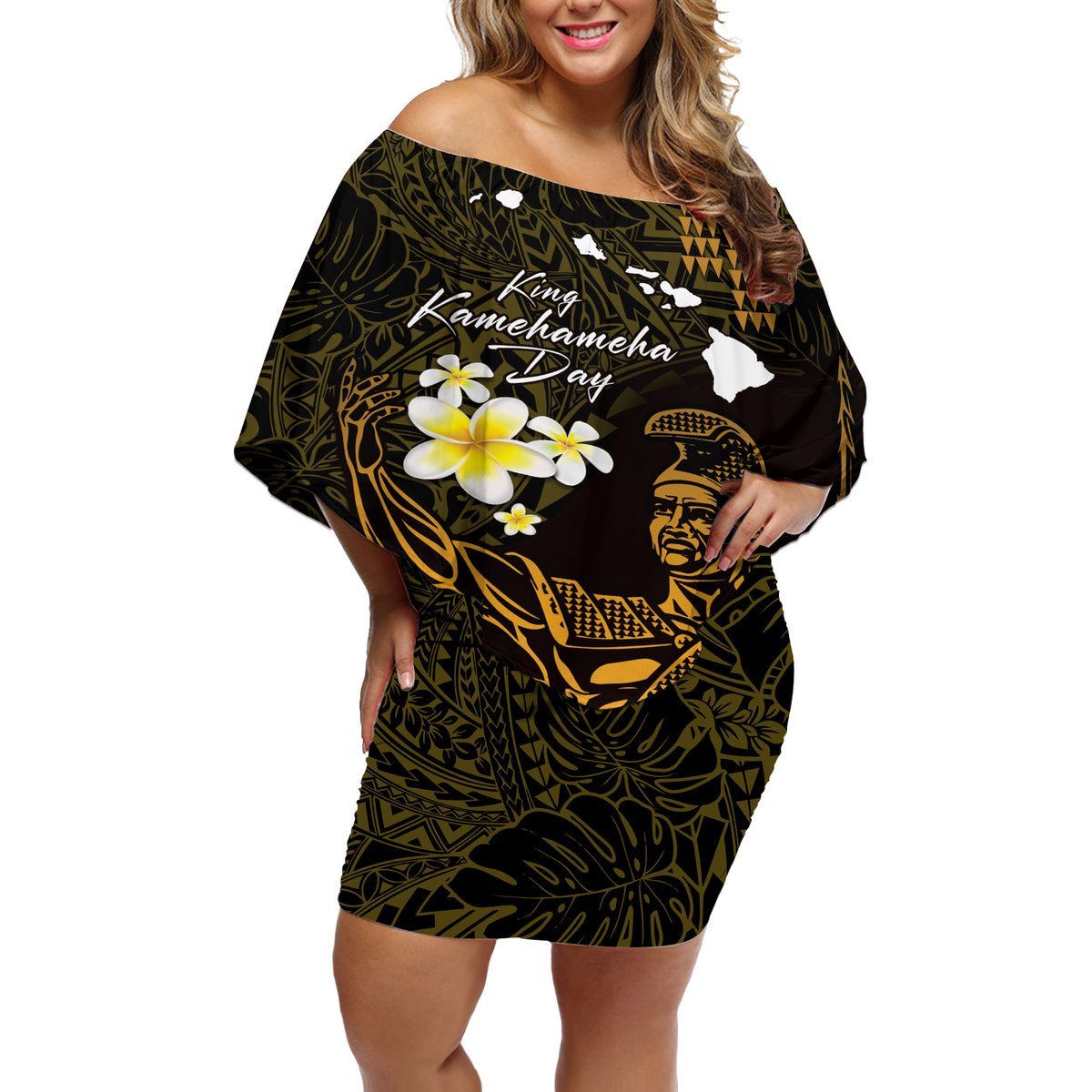 Personalised Hawaii King Kamehameha Day Off Shoulder Short Dress Plumeria With Kakau Pattern - Gold LT14 Women Gold - Polynesian Pride