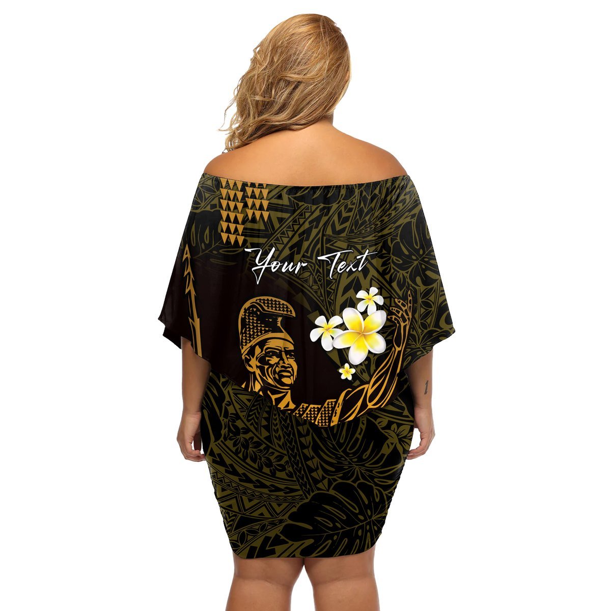 Personalised Hawaii King Kamehameha Day Off Shoulder Short Dress Plumeria With Kakau Pattern - Gold LT14 - Polynesian Pride