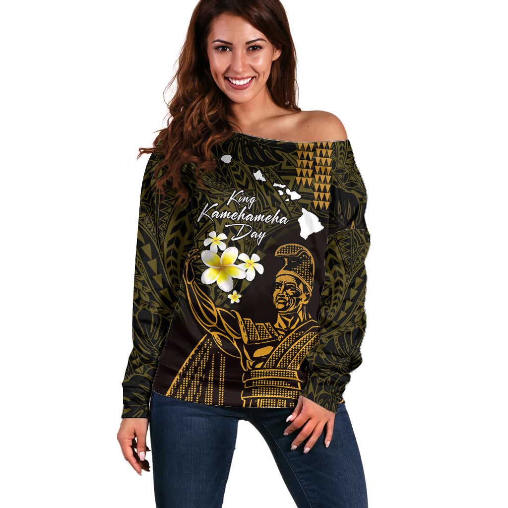 Personalised Hawaii King Kamehameha Day Off Shoulder Sweater Plumeria With Kakau Pattern - Gold LT14 Women Gold - Polynesian Pride