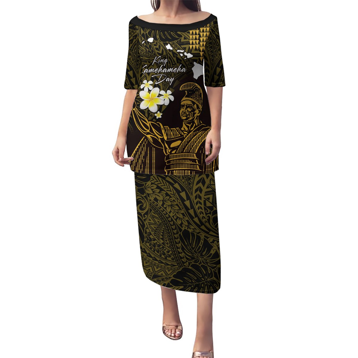 Personalised Hawaii King Kamehameha Day Puletasi Plumeria With Kakau Pattern - Gold LT14 Long Dress Gold - Polynesian Pride