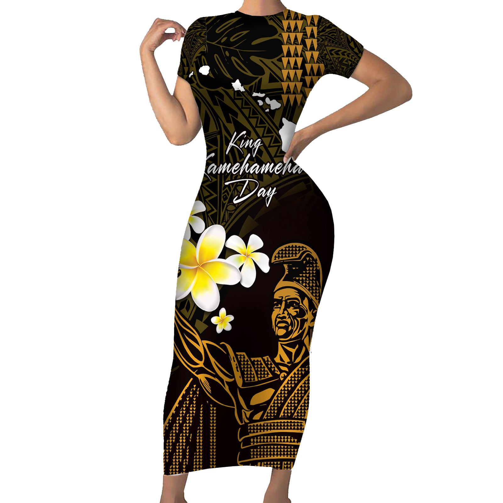 Personalised Hawaii King Kamehameha Day Short Sleeve Bodycon Dress Plumeria With Kakau Pattern - Gold LT14 Long Dress Gold - Polynesian Pride