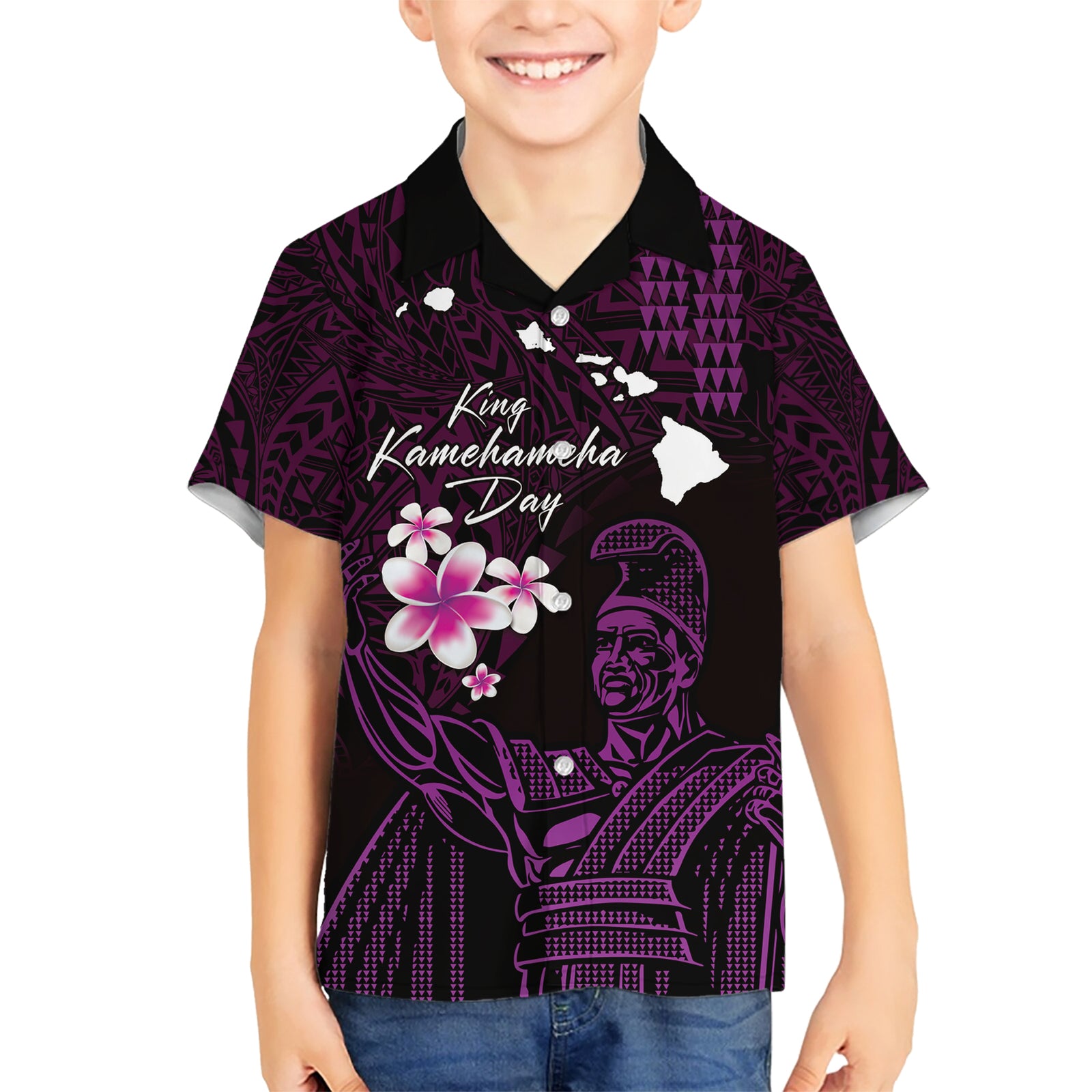 Personalised Hawaii King Kamehameha Day Kid Hawaiian Shirt Plumeria With Kakau Pattern - Purple LT14 Kid Purple - Polynesian Pride