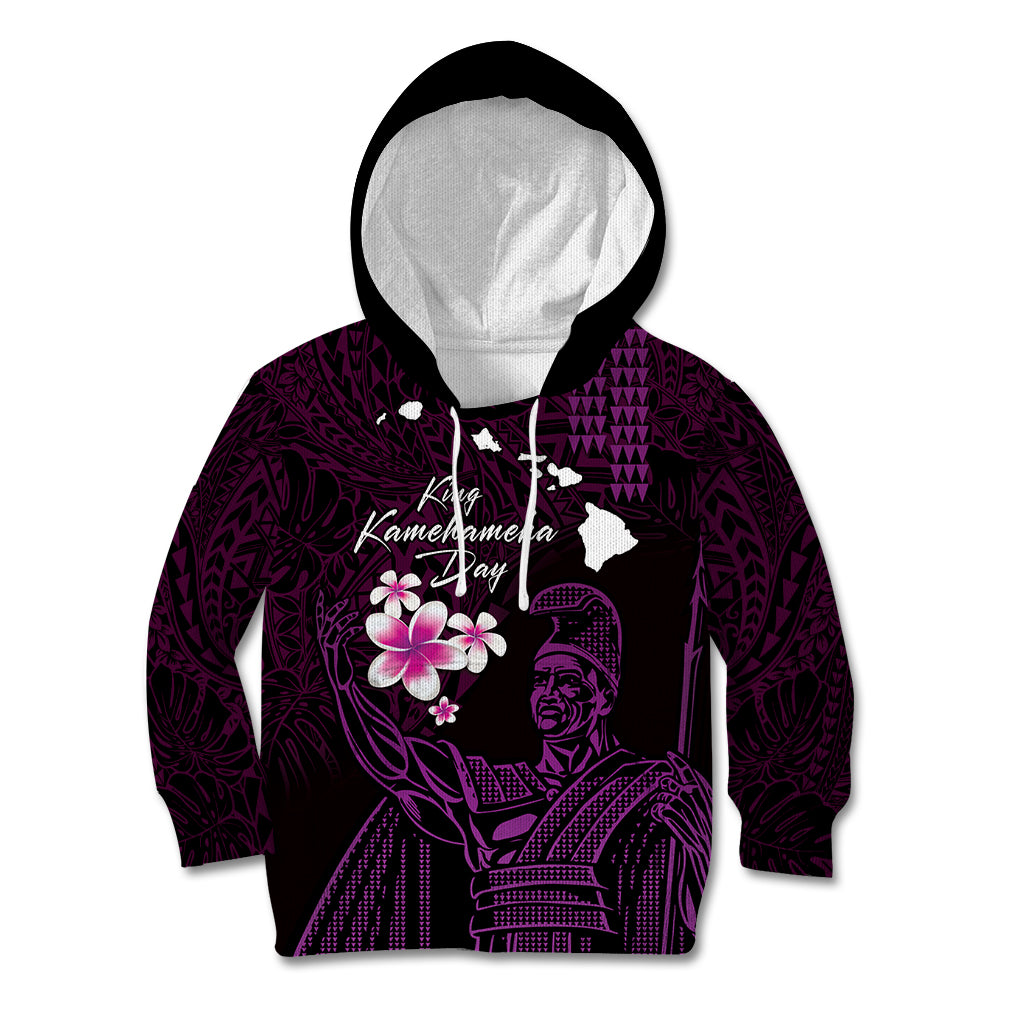 Personalised Hawaii King Kamehameha Day Kid Hoodie Plumeria With Kakau Pattern - Purple LT14 Hoodie Purple - Polynesian Pride