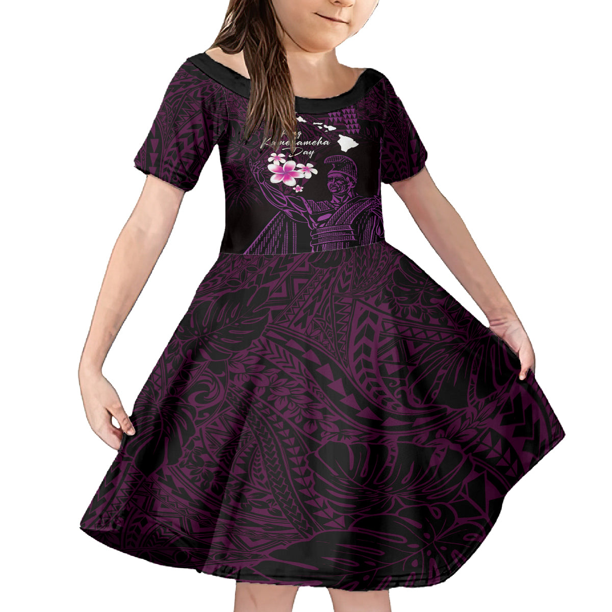 Personalised Hawaii King Kamehameha Day Kid Short Sleeve Dress Plumeria With Kakau Pattern - Purple LT14 KID Purple - Polynesian Pride