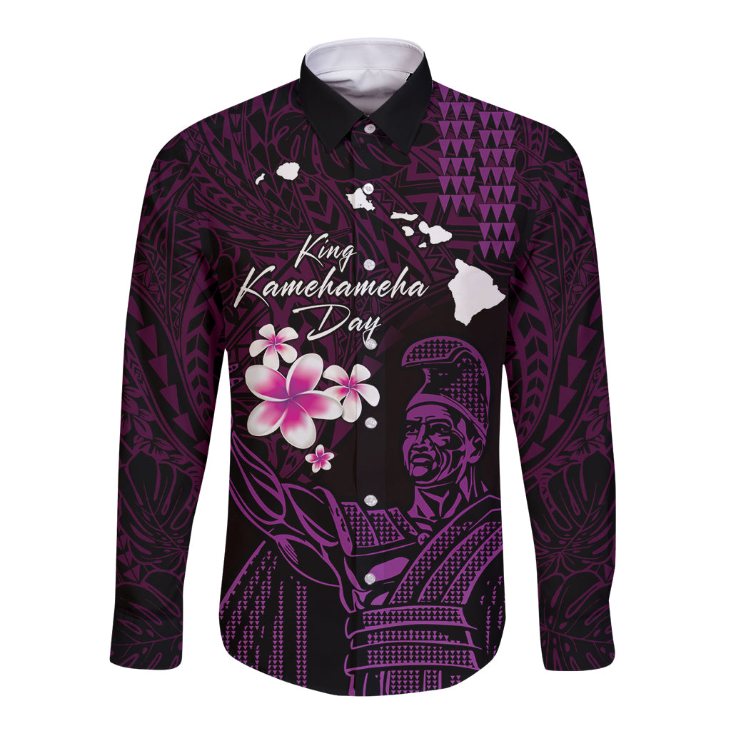 Personalised Hawaii King Kamehameha Day Long Sleeve Button Shirt Plumeria With Kakau Pattern - Purple LT14 Unisex Purple - Polynesian Pride
