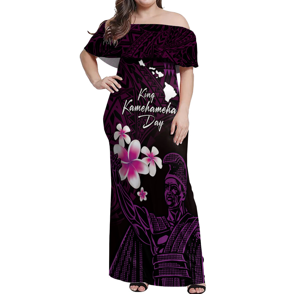Personalised Hawaii King Kamehameha Day Off Shoulder Maxi Dress Plumeria With Kakau Pattern - Purple LT14 Women Purple - Polynesian Pride