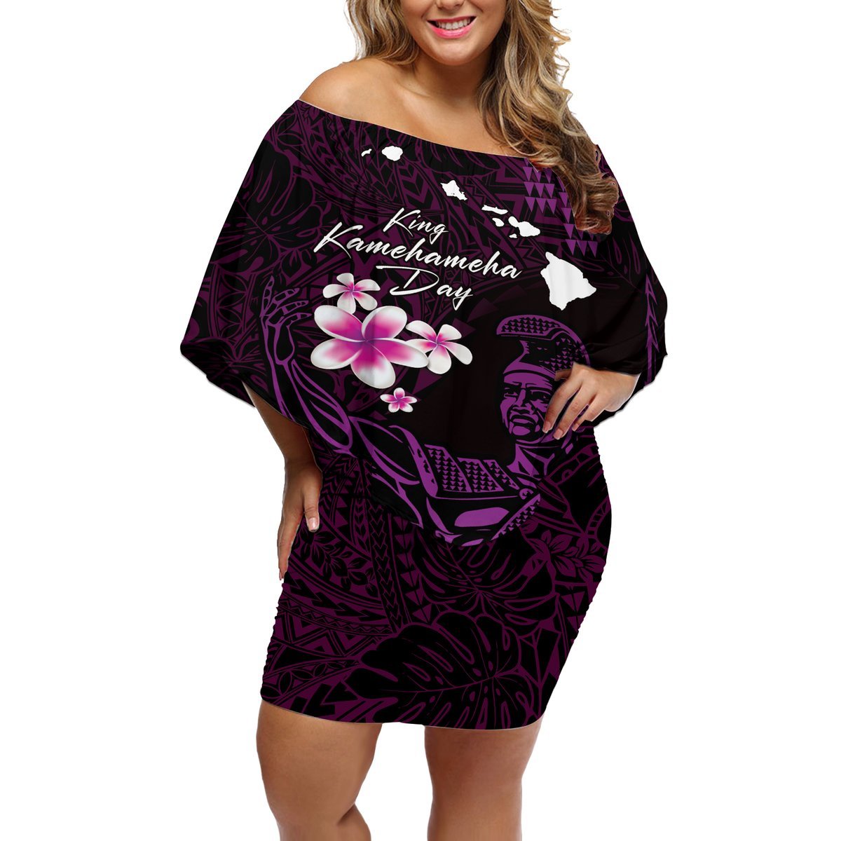 Personalised Hawaii King Kamehameha Day Off Shoulder Short Dress Plumeria With Kakau Pattern - Purple LT14 Women Purple - Polynesian Pride