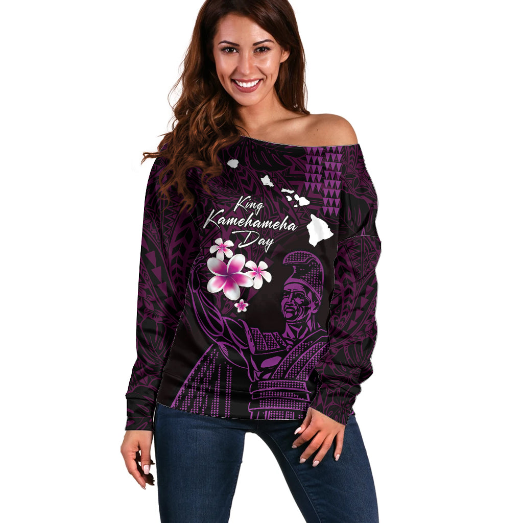 Personalised Hawaii King Kamehameha Day Off Shoulder Sweater Plumeria With Kakau Pattern - Purple LT14 Women Purple - Polynesian Pride